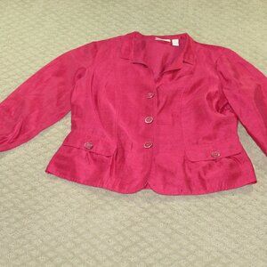 Chico's Sz 1 / M Fuchsia Light Linen Nylon Blend Shiny Rolled Tab Sleeve Jacket